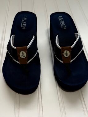 Lauren Ralph Lauren Navy, Brown and White Logo Thong Sandals